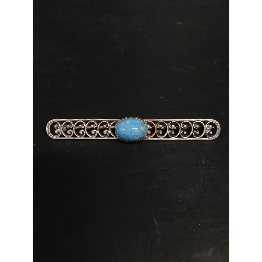 Vintage Sterling Silver Turquoise Filigree Bar Mid-Century Brooch
